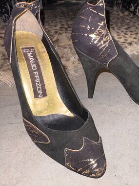 Vintage Maud Frizon Gold and Black Textured Heels 7